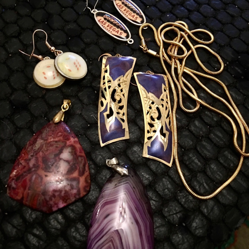 SALE! 2 Stone Pendants, 3 Earrings & a Long New Golden Snake Chain -all included